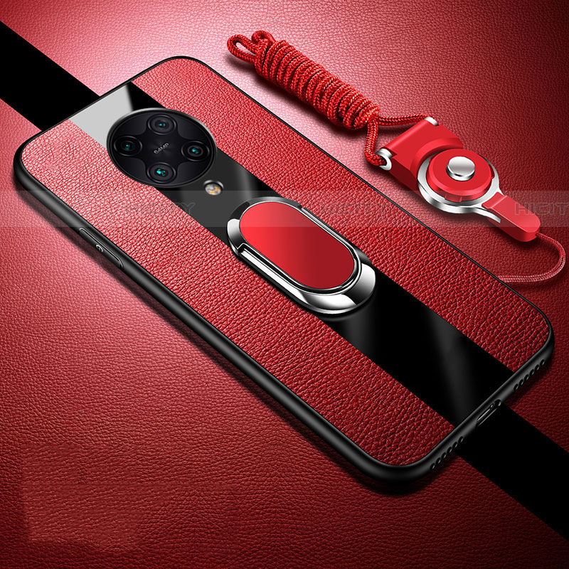 Coque Silicone Gel Motif Cuir Housse Etui avec Support Bague Anneau Aimante Magnetique pour Xiaomi Redmi K30 Pro 5G Rouge Plus