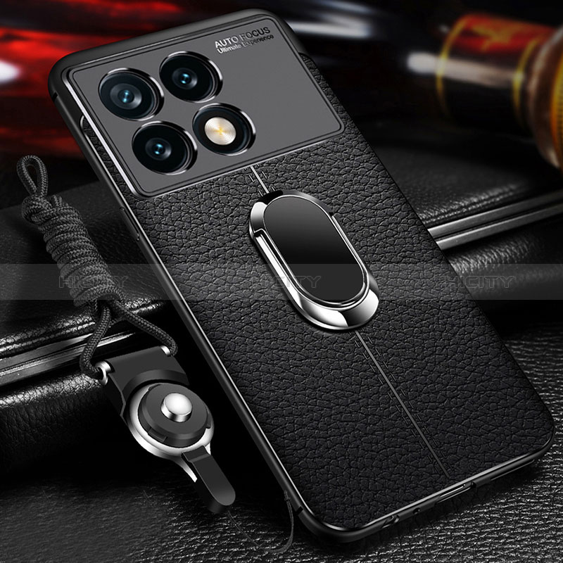 Coque Silicone Gel Motif Cuir Housse Etui avec Support Bague Anneau Aimante Magnetique pour Xiaomi Redmi K70E 5G Noir Plus