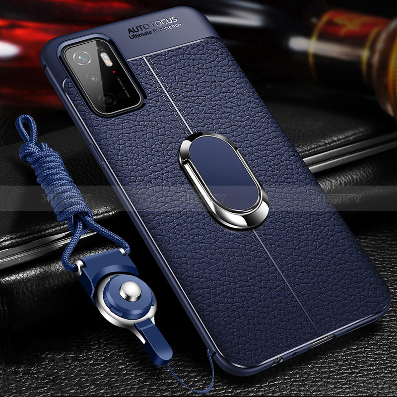 Coque Silicone Gel Motif Cuir Housse Etui avec Support Bague Anneau Aimante Magnetique pour Xiaomi Redmi Note 10T 5G Bleu Plus