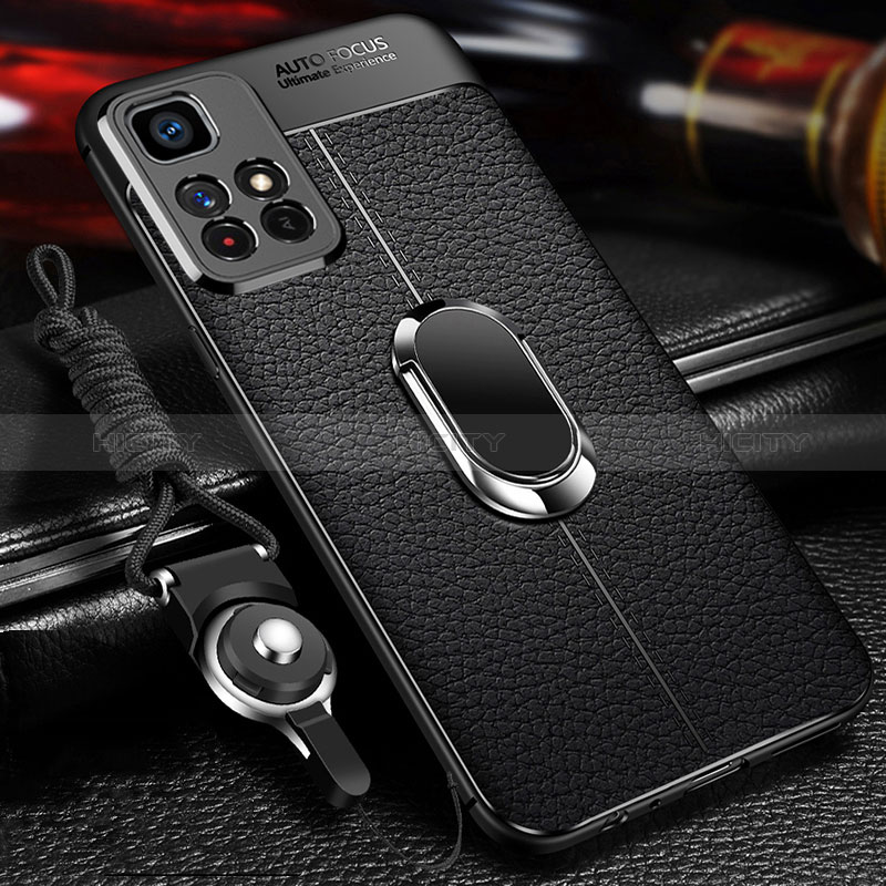 Coque Silicone Gel Motif Cuir Housse Etui avec Support Bague Anneau Aimante Magnetique pour Xiaomi Redmi Note 11 5G Noir Plus