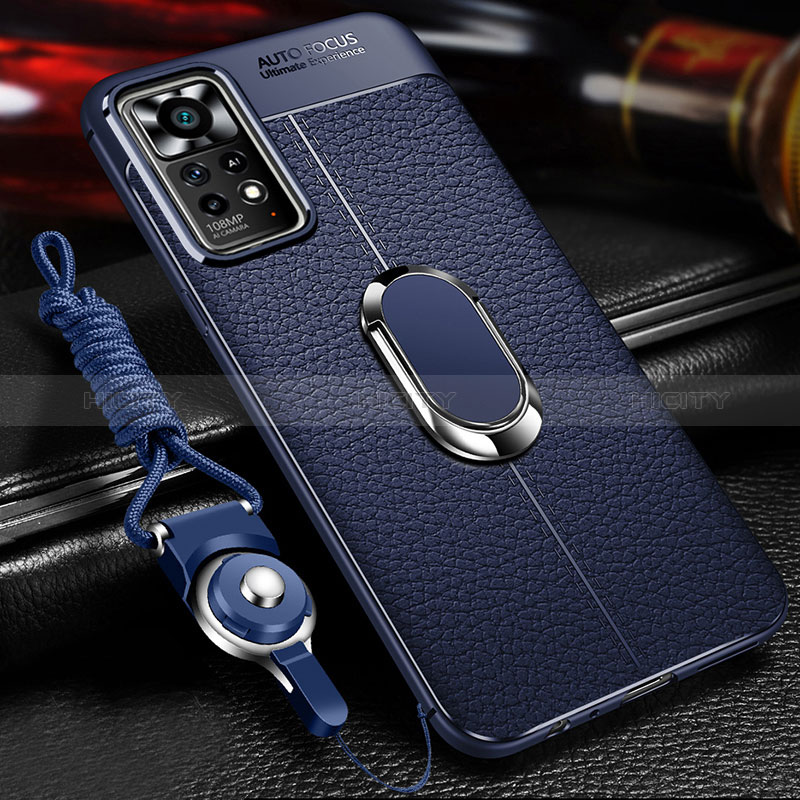 Coque Silicone Gel Motif Cuir Housse Etui avec Support Bague Anneau Aimante Magnetique pour Xiaomi Redmi Note 11E Pro 5G Bleu Plus