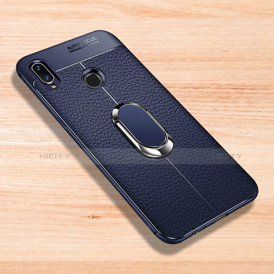 Coque Silicone Gel Motif Cuir Housse Etui avec Support Bague Anneau Aimante Magnetique pour Xiaomi Redmi Note 7 Pro Bleu Plus