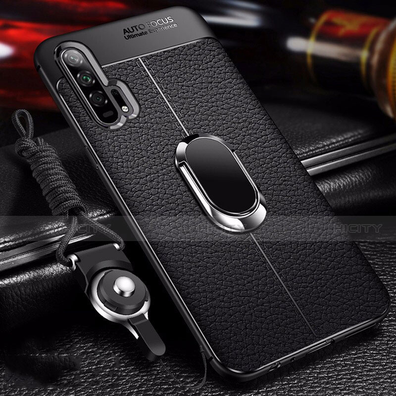 Coque Silicone Gel Motif Cuir Housse Etui avec Support Bague Anneau Aimante Magnetique S01 pour Huawei Honor 20 Pro Noir Plus