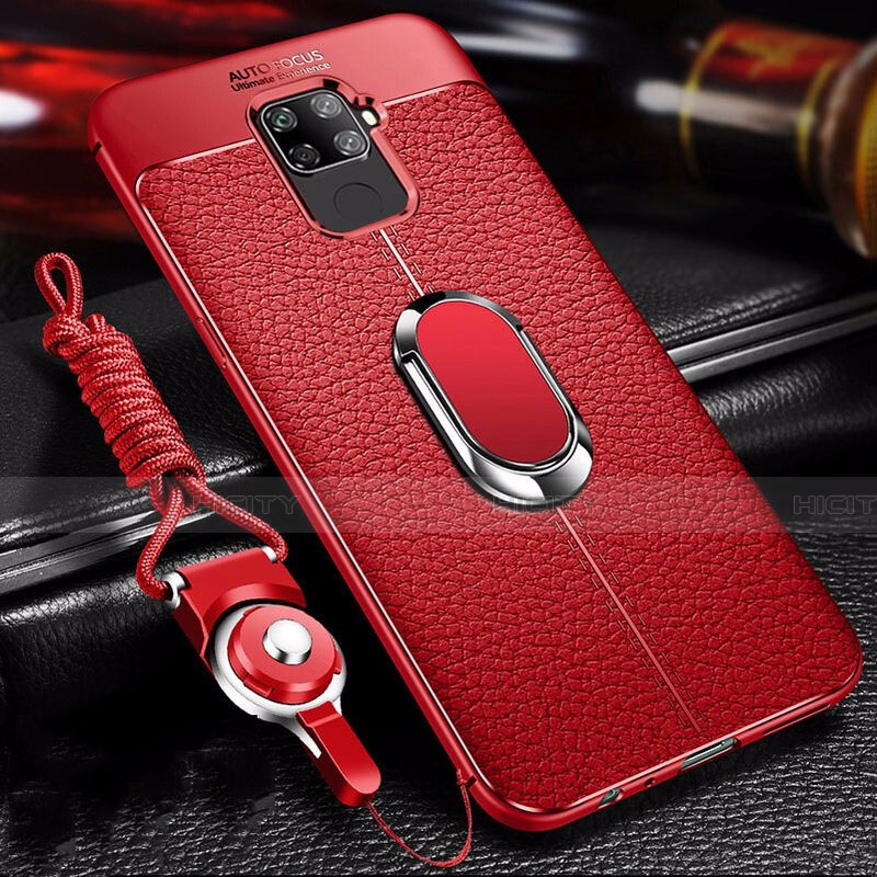 Coque Silicone Gel Motif Cuir Housse Etui avec Support Bague Anneau Aimante Magnetique S01 pour Huawei Mate 30 Lite Rouge Plus