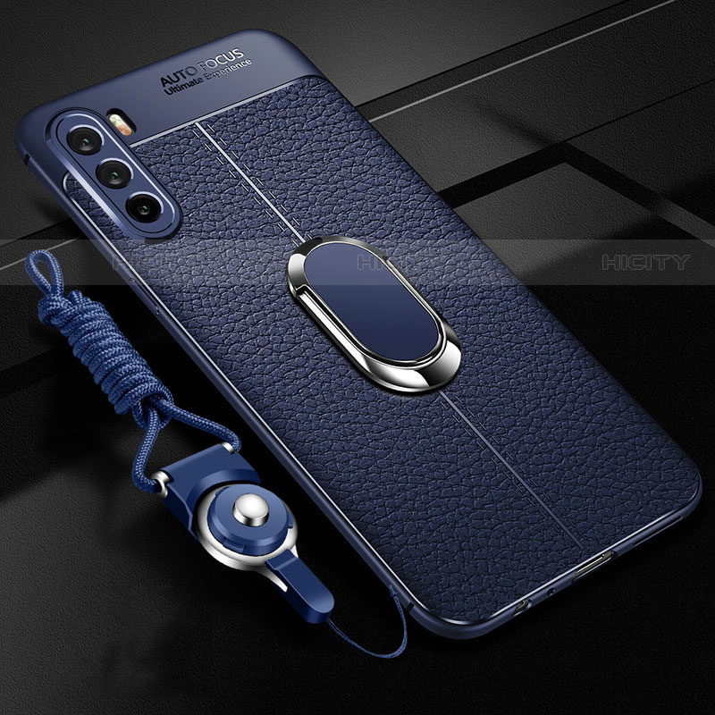 Coque Silicone Gel Motif Cuir Housse Etui avec Support Bague Anneau Aimante Magnetique S01 pour Huawei Mate 40 Lite 5G Bleu Plus