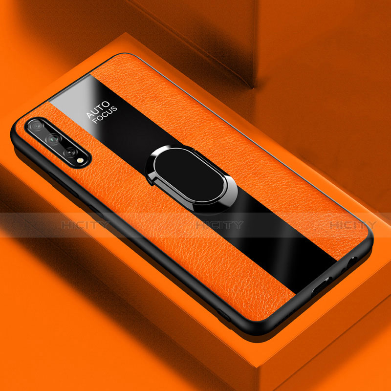 Coque Silicone Gel Motif Cuir Housse Etui avec Support Bague Anneau Aimante Magnetique S01 pour Huawei Y8p Orange Plus