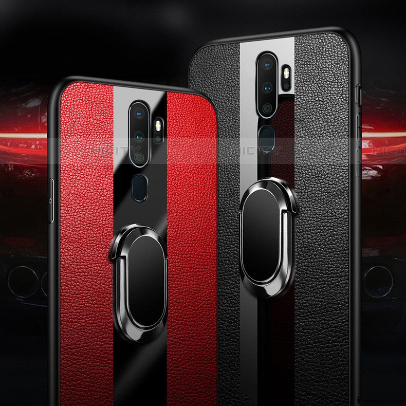 Coque Silicone Gel Motif Cuir Housse Etui avec Support Bague Anneau Aimante Magnetique S01 pour Oppo A11 Plus