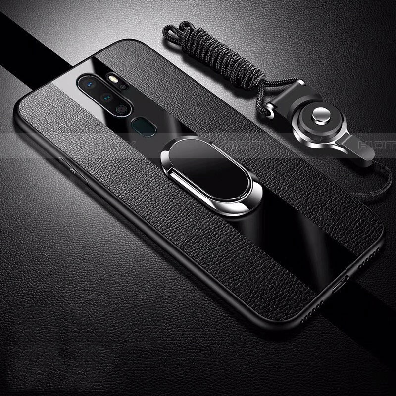 Coque Silicone Gel Motif Cuir Housse Etui avec Support Bague Anneau Aimante Magnetique S01 pour Oppo A11X Noir Plus