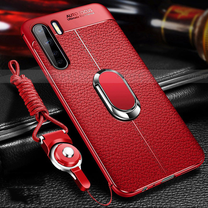 Coque Silicone Gel Motif Cuir Housse Etui avec Support Bague Anneau Aimante Magnetique S01 pour Oppo A91 Rouge Plus