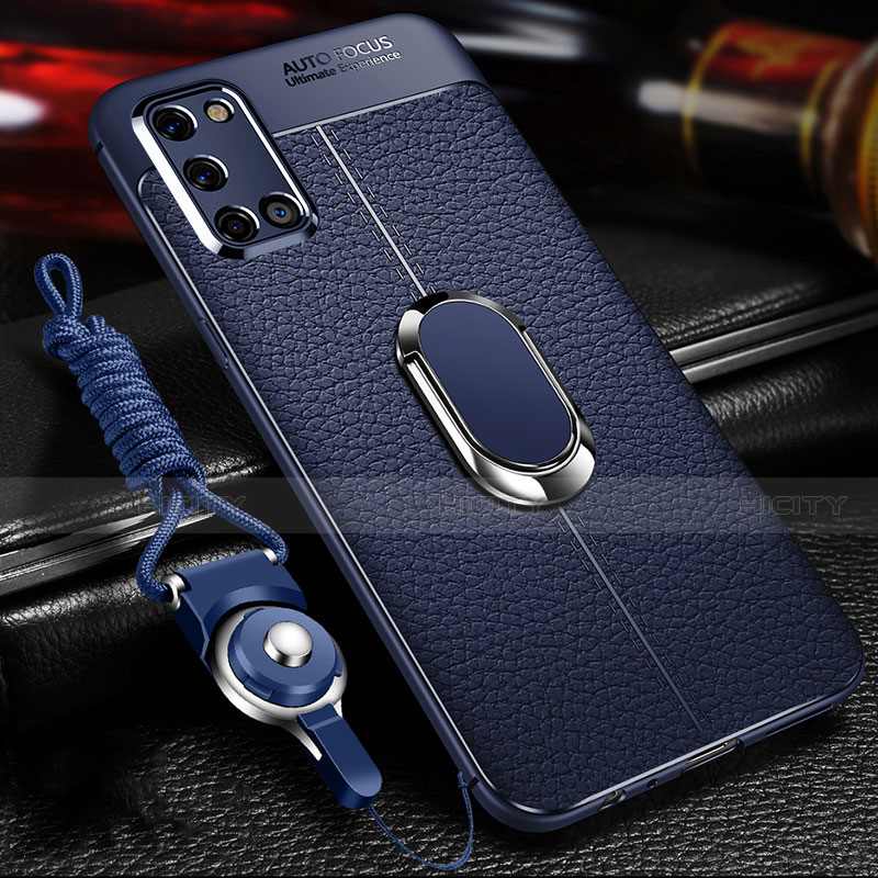 Coque Silicone Gel Motif Cuir Housse Etui avec Support Bague Anneau Aimante Magnetique S01 pour Oppo A92 Bleu Plus