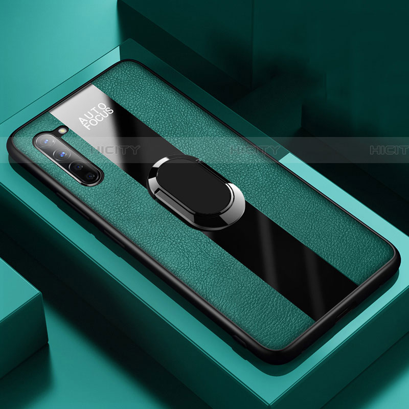 Coque Silicone Gel Motif Cuir Housse Etui avec Support Bague Anneau Aimante Magnetique S01 pour Oppo Find X2 Lite Vert Plus