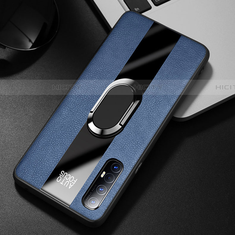 Coque Silicone Gel Motif Cuir Housse Etui avec Support Bague Anneau Aimante Magnetique S01 pour Oppo Find X2 Neo Bleu Plus