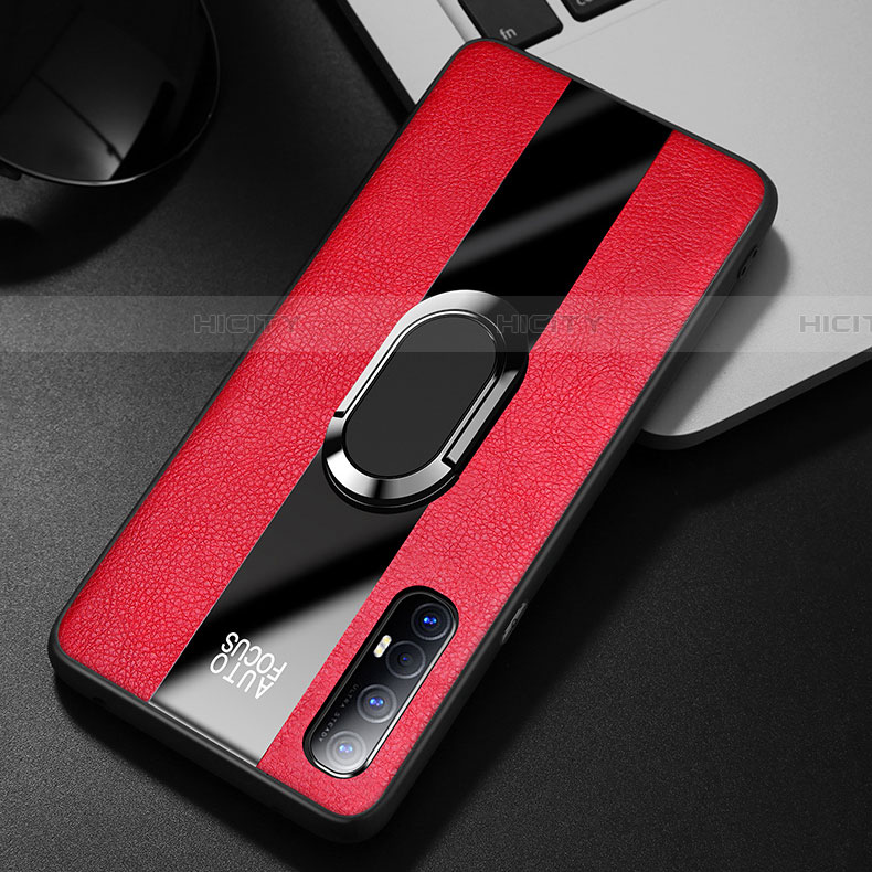 Coque Silicone Gel Motif Cuir Housse Etui avec Support Bague Anneau Aimante Magnetique S01 pour Oppo Find X2 Neo Rouge Plus