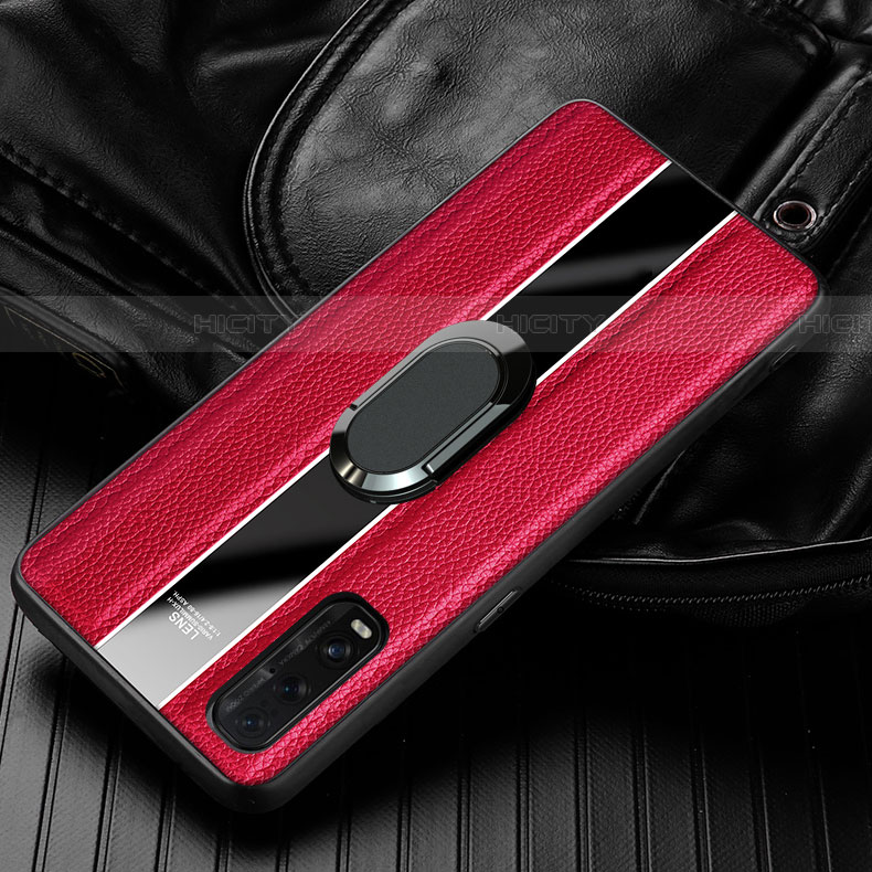 Coque Silicone Gel Motif Cuir Housse Etui avec Support Bague Anneau Aimante Magnetique S01 pour Oppo Find X2 Rouge Plus