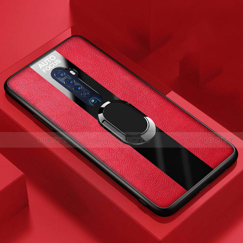 Coque Silicone Gel Motif Cuir Housse Etui avec Support Bague Anneau Aimante Magnetique S01 pour Oppo Reno2 Rouge Plus