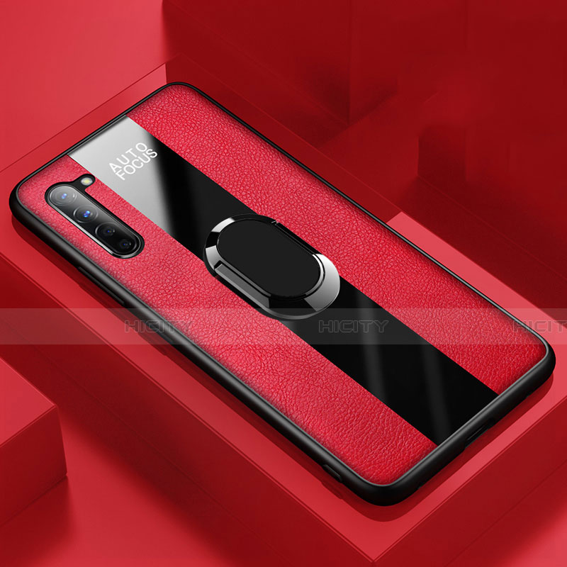 Coque Silicone Gel Motif Cuir Housse Etui avec Support Bague Anneau Aimante Magnetique S01 pour Oppo Reno3 Rouge Plus