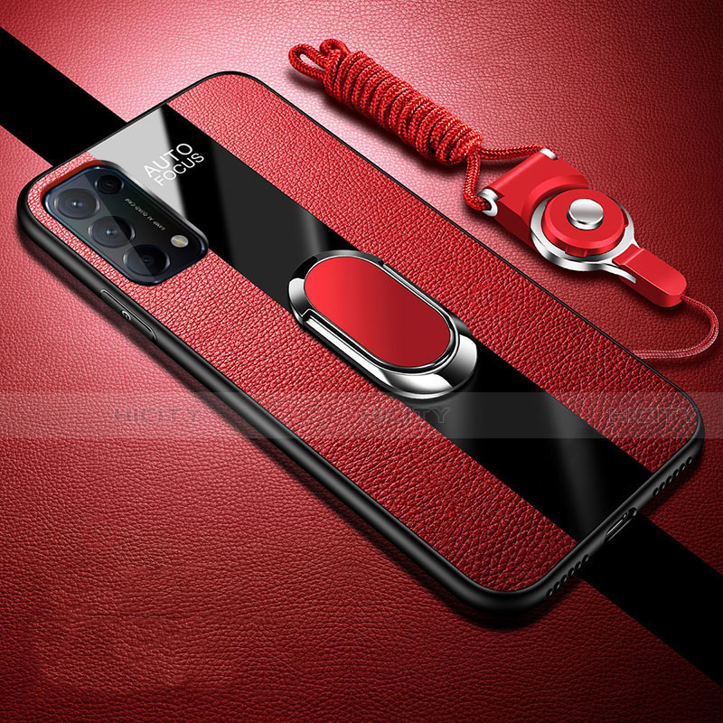 Coque Silicone Gel Motif Cuir Housse Etui avec Support Bague Anneau Aimante Magnetique S01 pour Oppo Reno5 Pro 5G Rouge Plus