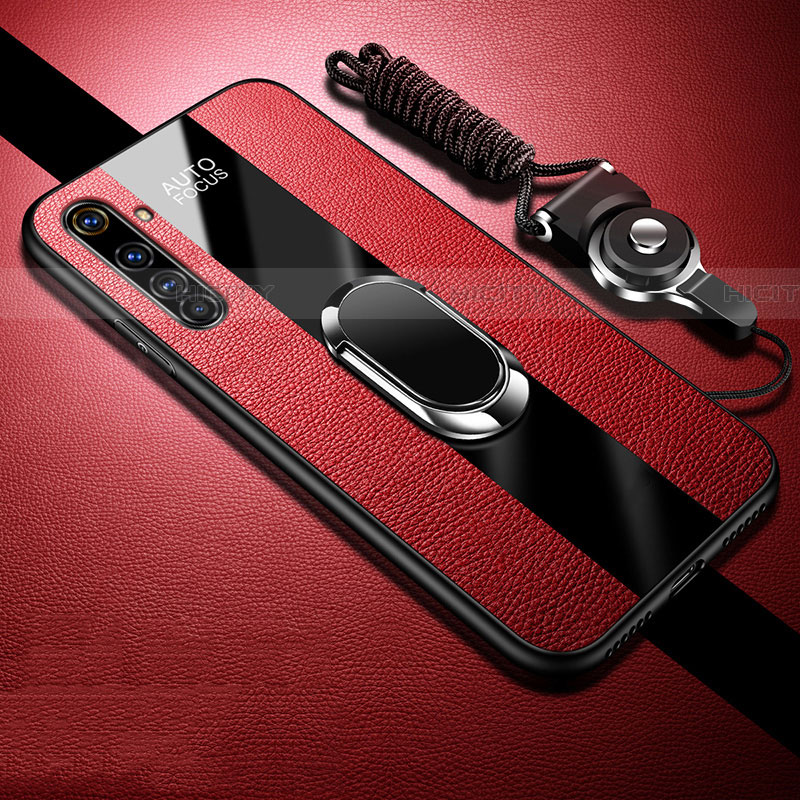 Coque Silicone Gel Motif Cuir Housse Etui avec Support Bague Anneau Aimante Magnetique S01 pour Realme X50 Pro 5G Rouge Plus