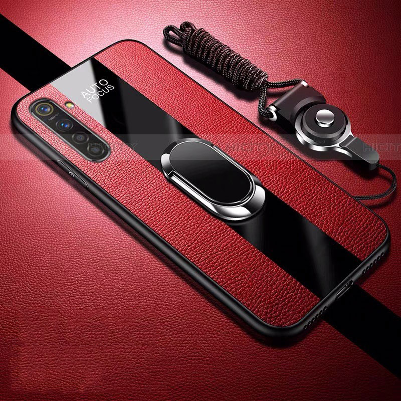 Coque Silicone Gel Motif Cuir Housse Etui avec Support Bague Anneau Aimante Magnetique S01 pour Realme XT Rouge Plus