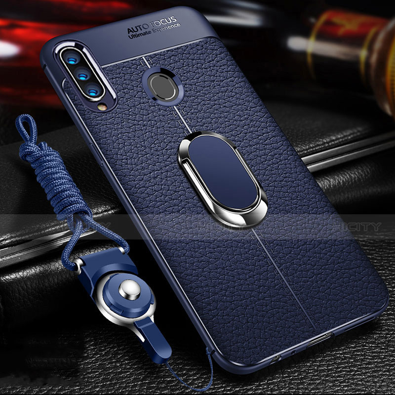 Coque Silicone Gel Motif Cuir Housse Etui avec Support Bague Anneau Aimante Magnetique S01 pour Samsung Galaxy A20s Bleu Plus