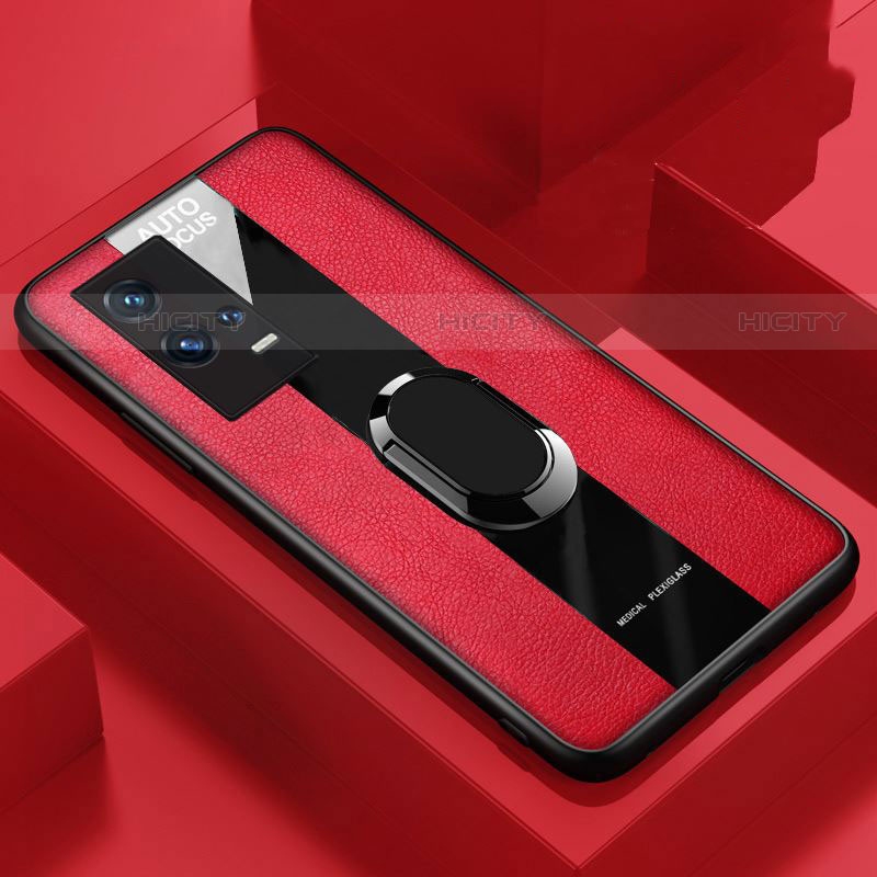 Coque Silicone Gel Motif Cuir Housse Etui avec Support Bague Anneau Aimante Magnetique S01 pour Vivo iQOO 8 5G Rouge Plus