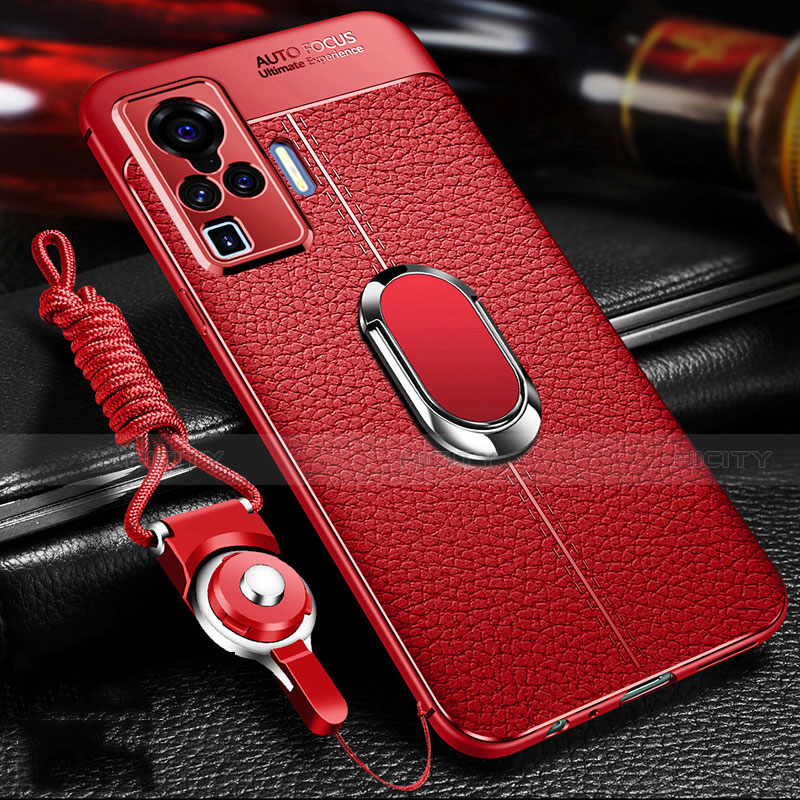 Coque Silicone Gel Motif Cuir Housse Etui avec Support Bague Anneau Aimante Magnetique S01 pour Vivo X51 5G Rouge Plus