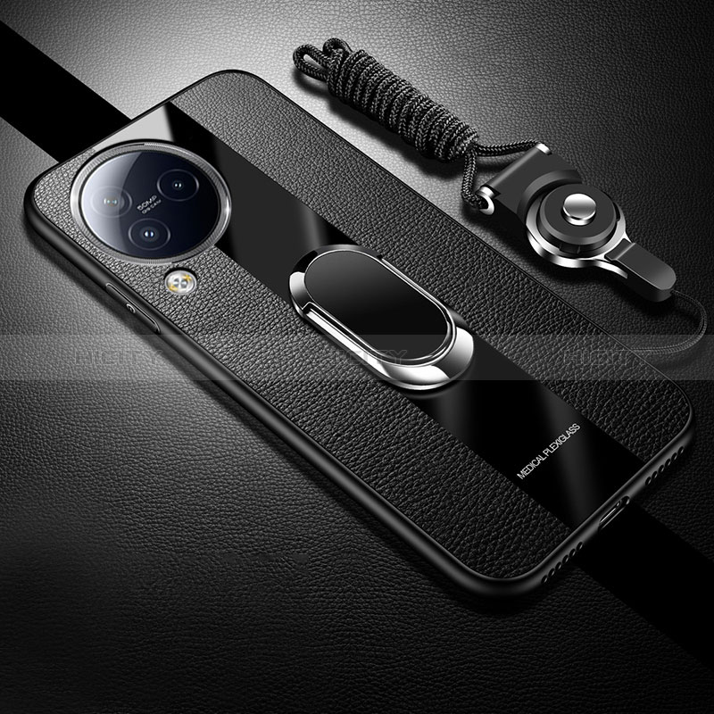 Coque Silicone Gel Motif Cuir Housse Etui avec Support Bague Anneau Aimante Magnetique S01 pour Xiaomi Civi 3 5G Noir Plus