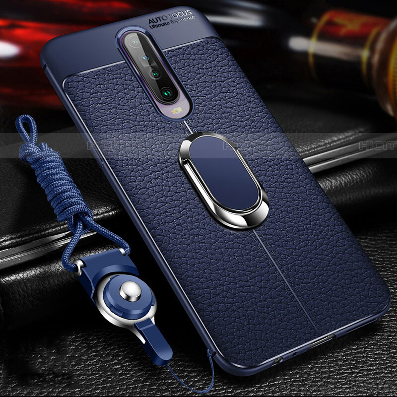 Coque Silicone Gel Motif Cuir Housse Etui avec Support Bague Anneau Aimante Magnetique S01 pour Xiaomi Poco X2 Bleu Plus