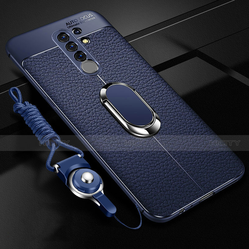 Coque Silicone Gel Motif Cuir Housse Etui avec Support Bague Anneau Aimante Magnetique S01 pour Xiaomi Redmi 9 Prime India Bleu Plus