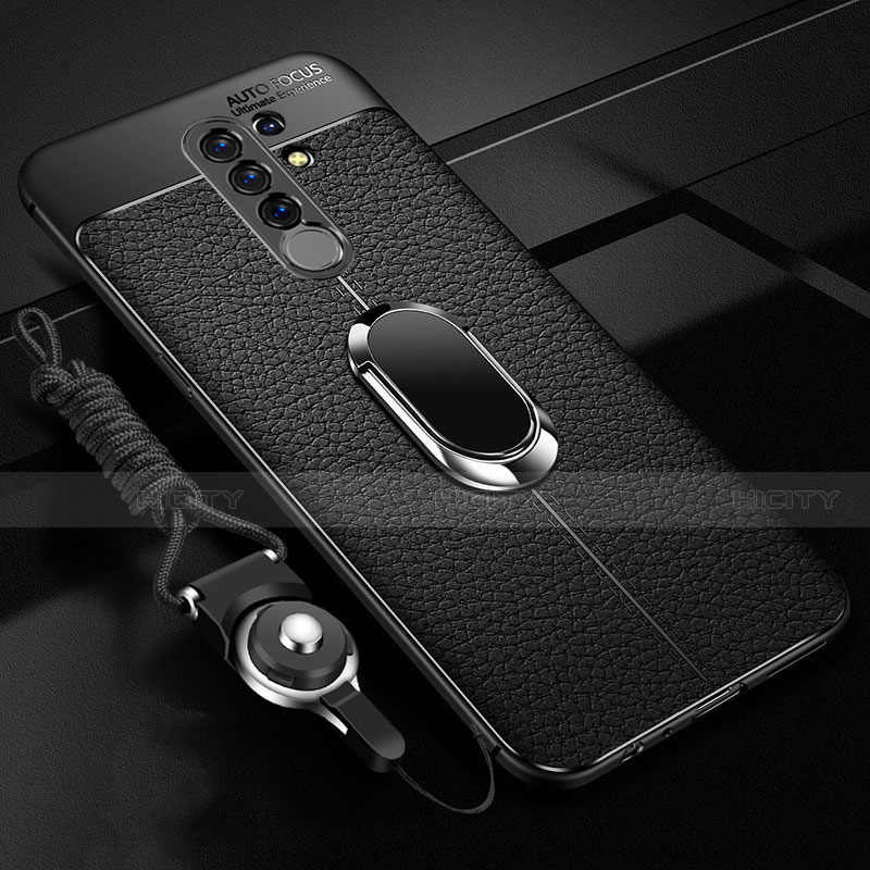 Coque Silicone Gel Motif Cuir Housse Etui avec Support Bague Anneau Aimante Magnetique S01 pour Xiaomi Redmi 9 Prime India Noir Plus