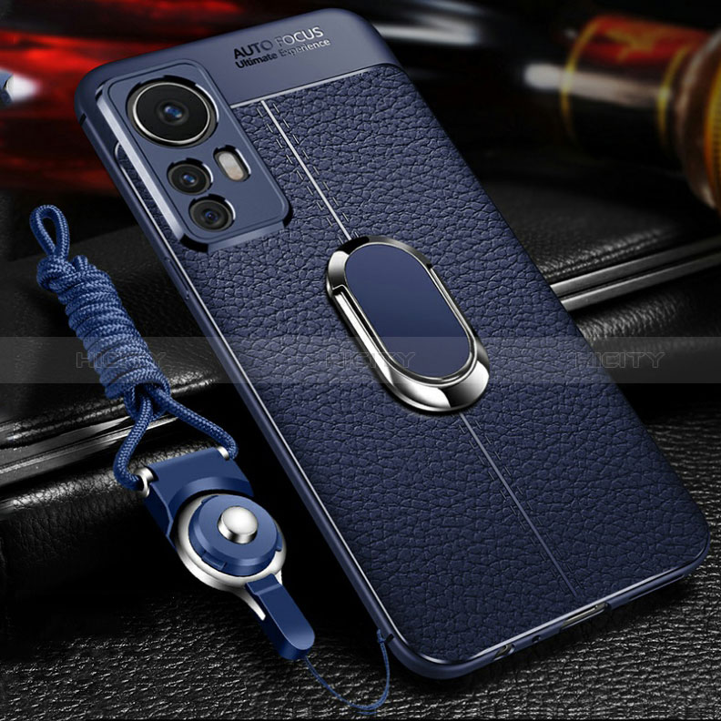 Coque Silicone Gel Motif Cuir Housse Etui avec Support Bague Anneau Aimante Magnetique S01 pour Xiaomi Redmi K50 Ultra 5G Bleu Plus