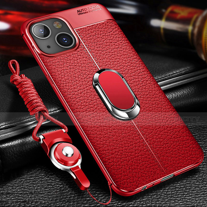 Coque Silicone Gel Motif Cuir Housse Etui avec Support Bague Anneau Aimante Magnetique S02 pour Apple iPhone 13 Mini Rouge Plus