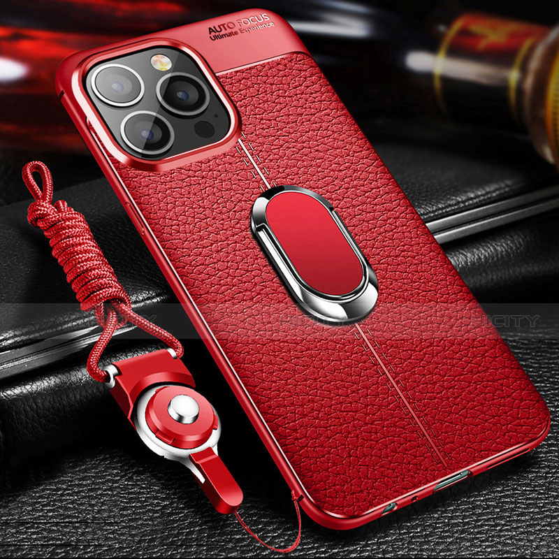 Coque Silicone Gel Motif Cuir Housse Etui avec Support Bague Anneau Aimante Magnetique S02 pour Apple iPhone 13 Pro Max Plus