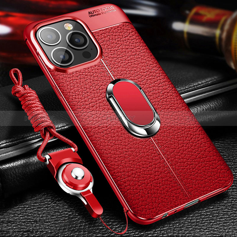 Coque Silicone Gel Motif Cuir Housse Etui avec Support Bague Anneau Aimante Magnetique S02 pour Apple iPhone 14 Pro Max Rouge Plus