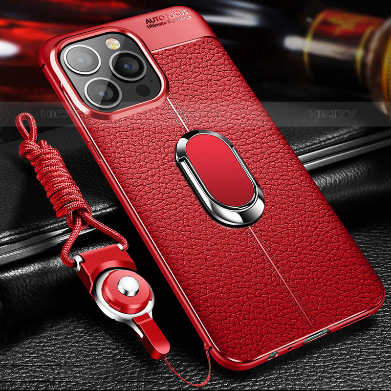 Coque Silicone Gel Motif Cuir Housse Etui avec Support Bague Anneau Aimante Magnetique S02 pour Apple iPhone 15 Pro Plus