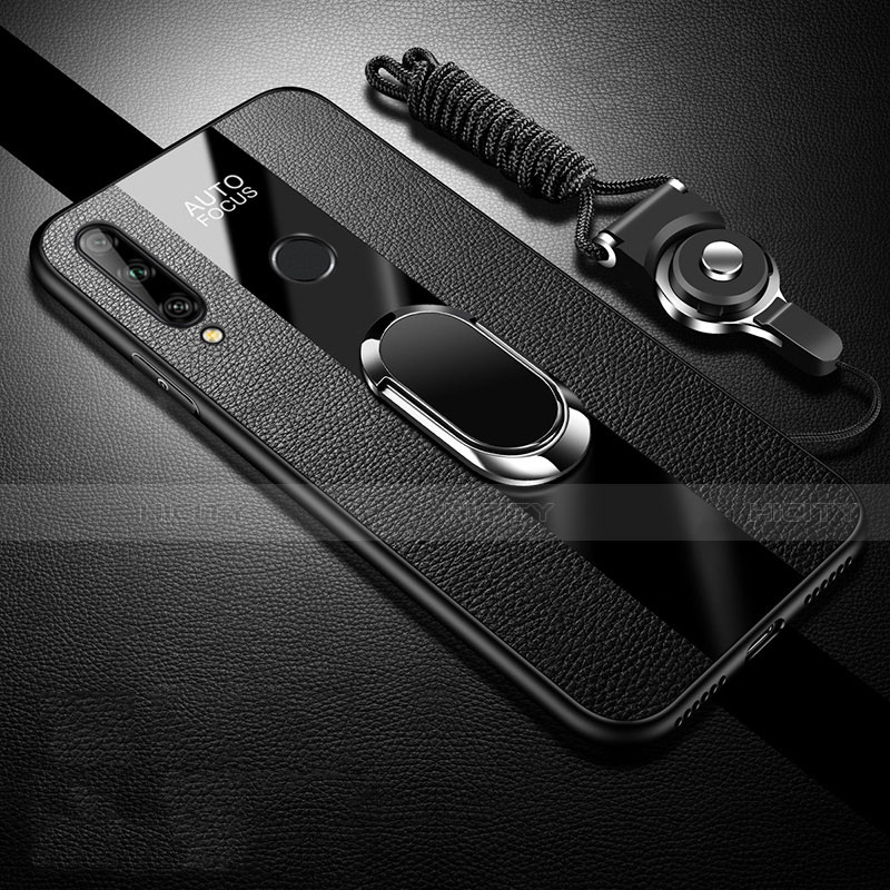 Coque Silicone Gel Motif Cuir Housse Etui avec Support Bague Anneau Aimante Magnetique S02 pour Huawei Enjoy 10 Plus Noir Plus