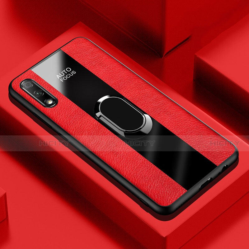 Coque Silicone Gel Motif Cuir Housse Etui avec Support Bague Anneau Aimante Magnetique S02 pour Huawei Honor 9X Rouge Plus