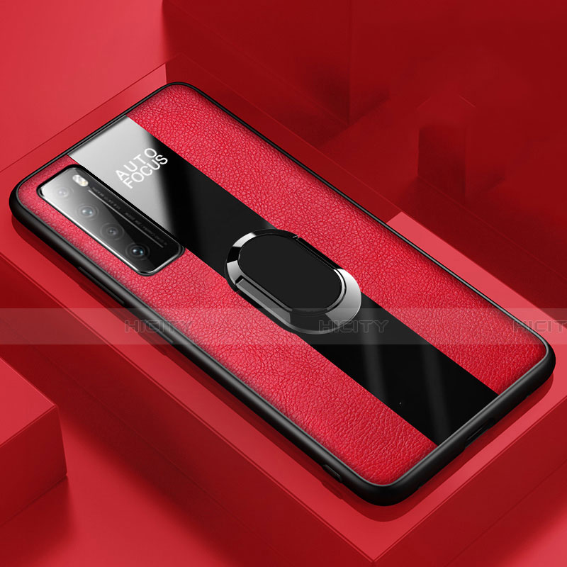 Coque Silicone Gel Motif Cuir Housse Etui avec Support Bague Anneau Aimante Magnetique S02 pour Huawei Nova 7 5G Rouge Plus