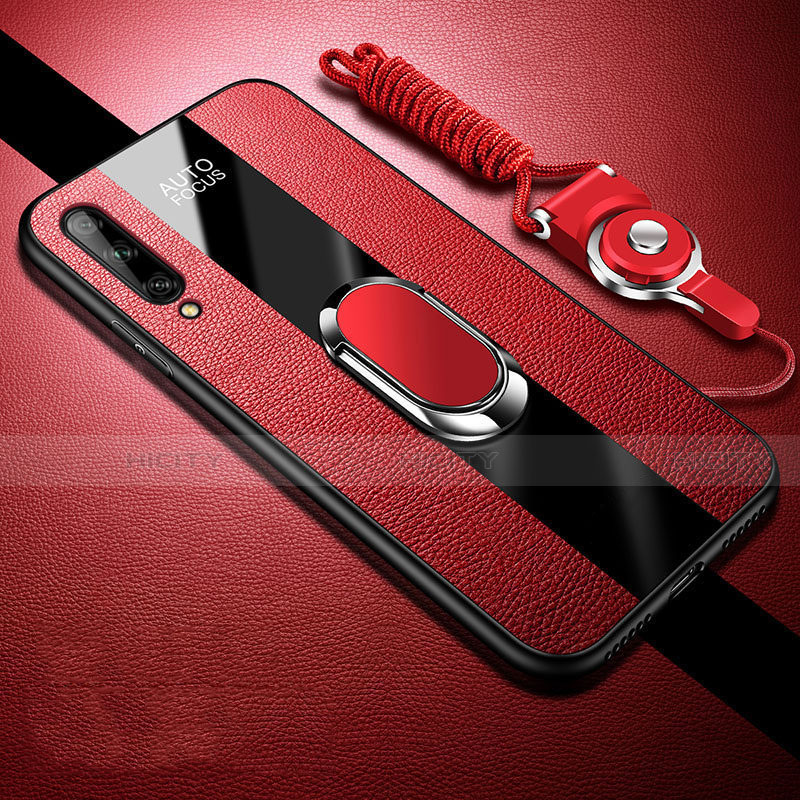 Coque Silicone Gel Motif Cuir Housse Etui avec Support Bague Anneau Aimante Magnetique S02 pour Huawei Y8p Rouge Plus