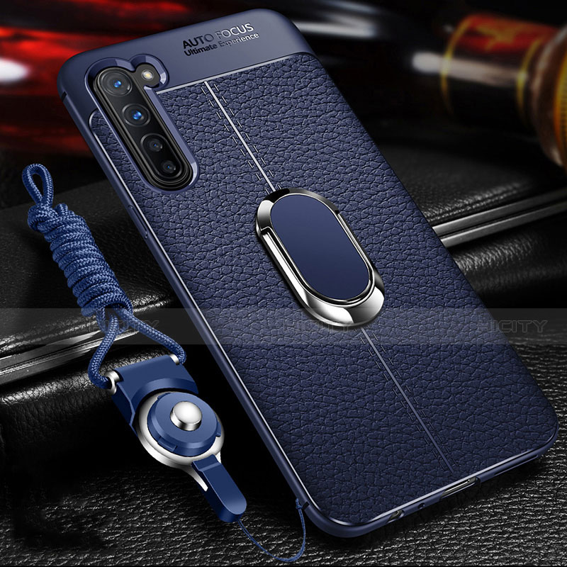 Coque Silicone Gel Motif Cuir Housse Etui avec Support Bague Anneau Aimante Magnetique S02 pour Oppo F15 Bleu Plus