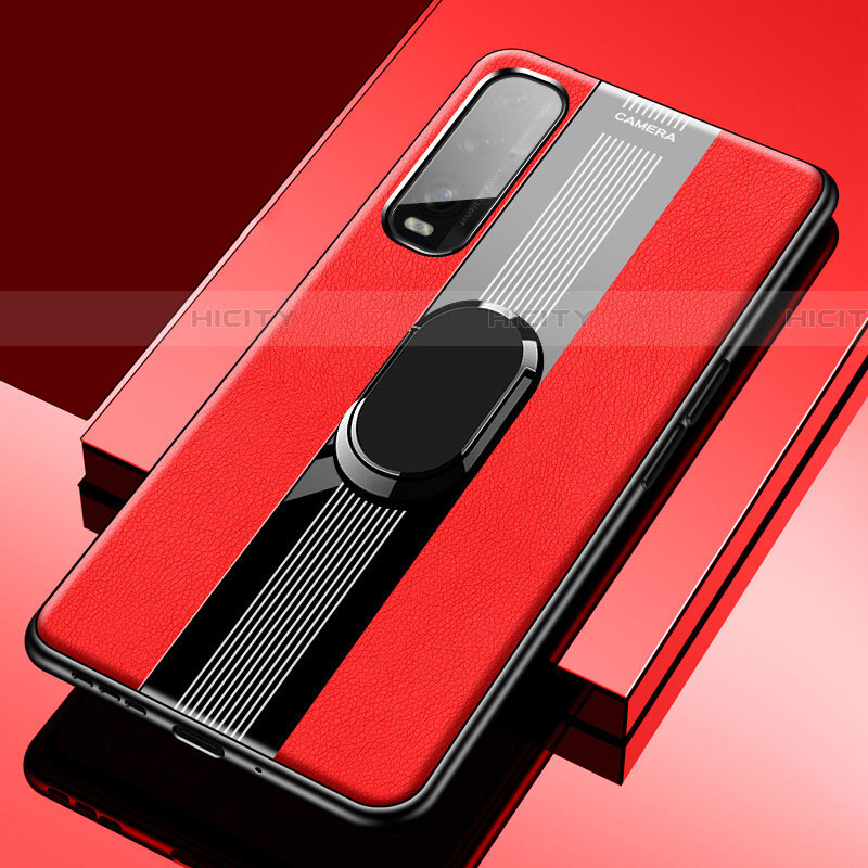 Coque Silicone Gel Motif Cuir Housse Etui avec Support Bague Anneau Aimante Magnetique S02 pour Oppo Find X2 Rouge Plus