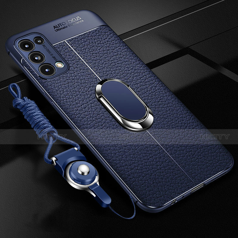 Coque Silicone Gel Motif Cuir Housse Etui avec Support Bague Anneau Aimante Magnetique S02 pour Oppo Find X3 Lite 5G Bleu Plus