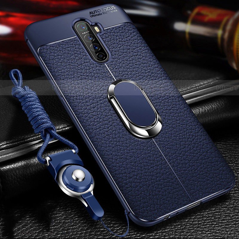 Coque Silicone Gel Motif Cuir Housse Etui avec Support Bague Anneau Aimante Magnetique S02 pour Oppo Reno Ace Bleu Plus