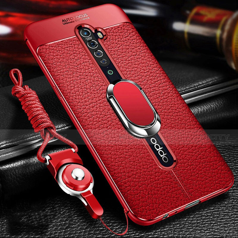 Coque Silicone Gel Motif Cuir Housse Etui avec Support Bague Anneau Aimante Magnetique S02 pour Oppo Reno2 Rouge Plus