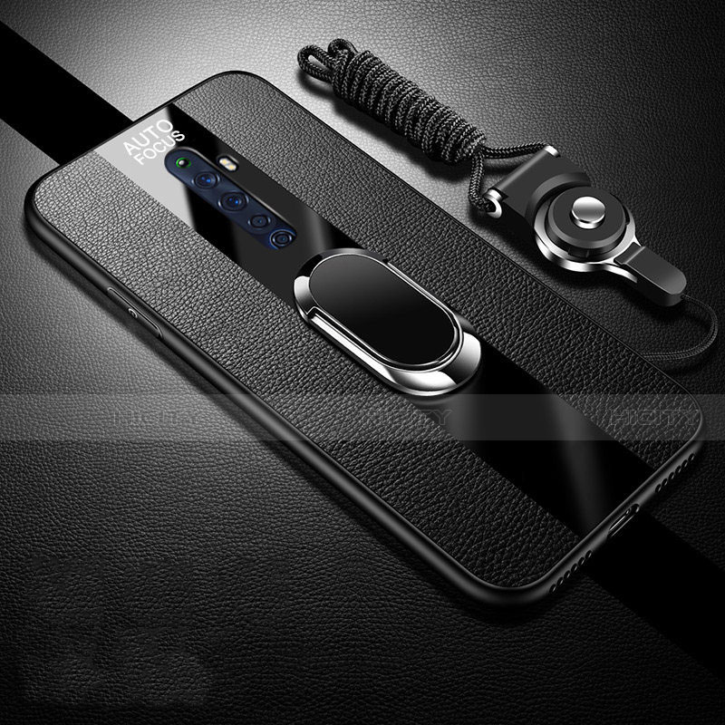 Coque Silicone Gel Motif Cuir Housse Etui avec Support Bague Anneau Aimante Magnetique S02 pour Oppo Reno2 Z Noir Plus