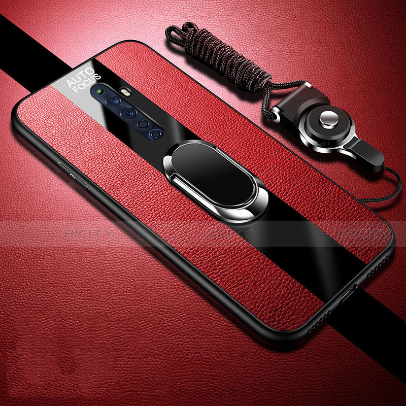 Coque Silicone Gel Motif Cuir Housse Etui avec Support Bague Anneau Aimante Magnetique S02 pour Oppo Reno2 Z Rouge Plus