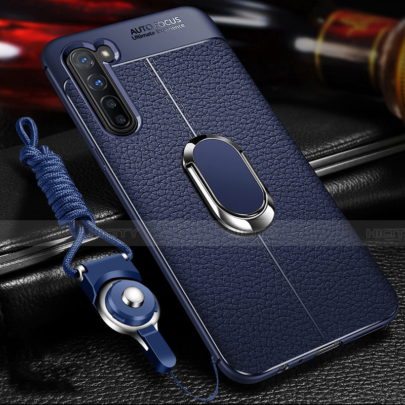 Coque Silicone Gel Motif Cuir Housse Etui avec Support Bague Anneau Aimante Magnetique S02 pour Oppo Reno3 Bleu Plus