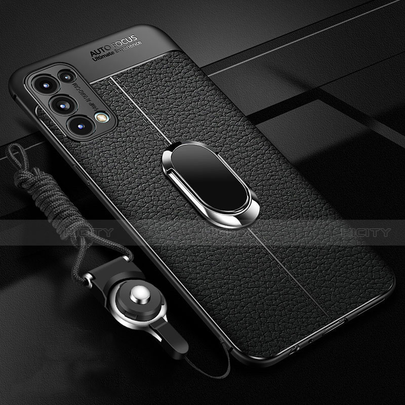 Coque Silicone Gel Motif Cuir Housse Etui avec Support Bague Anneau Aimante Magnetique S02 pour Oppo Reno5 5G Noir Plus