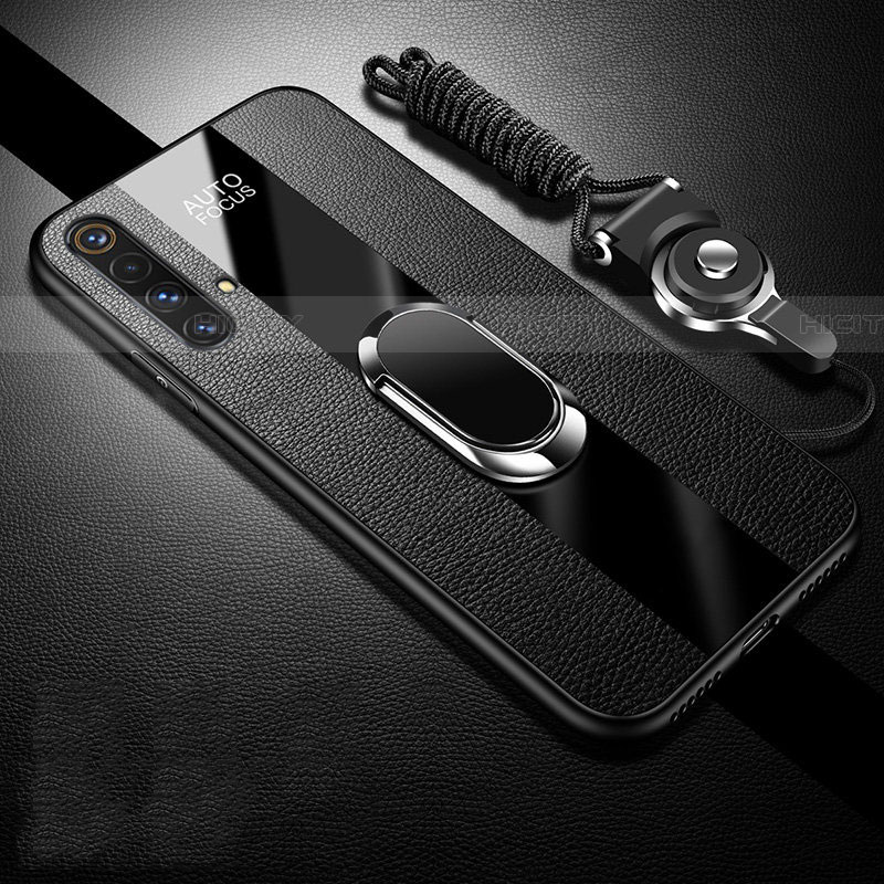 Coque Silicone Gel Motif Cuir Housse Etui avec Support Bague Anneau Aimante Magnetique S02 pour Realme X50 5G Noir Plus