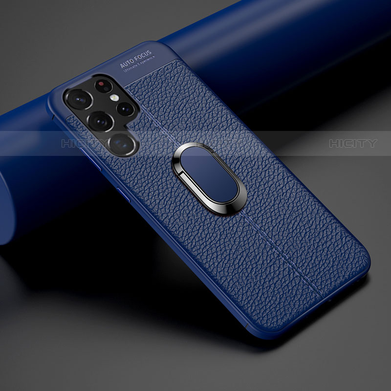 Coque Silicone Gel Motif Cuir Housse Etui avec Support Bague Anneau Aimante Magnetique S02 pour Samsung Galaxy S21 Ultra 5G Bleu Plus